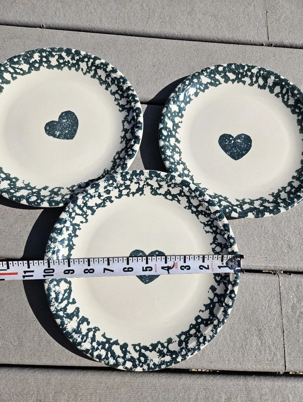 Tienshan Folk Craft HEART Stoneware Green Sponge Border Dinner Plate Set of 3